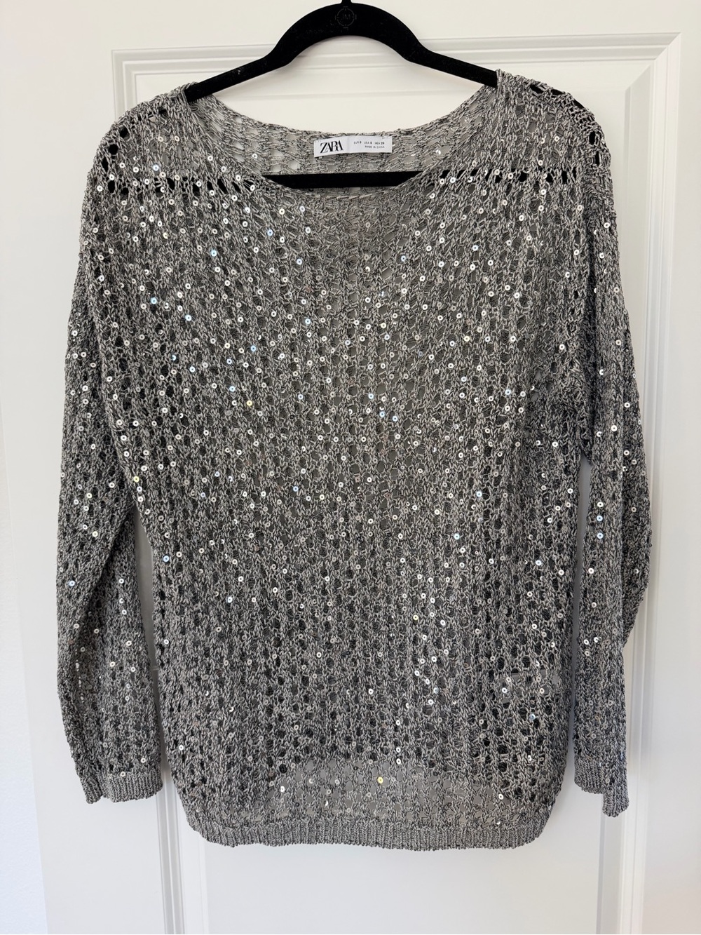 Zara Silver Sequin Open-Weave Crewneck Sweater